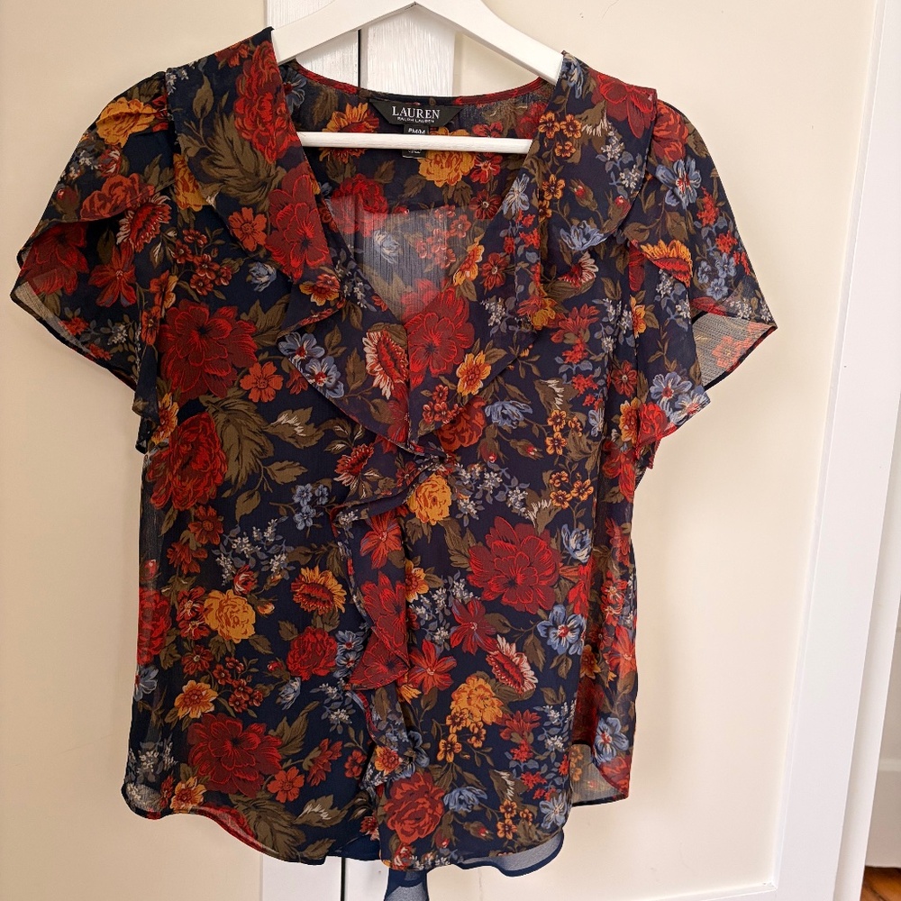 Lauren Ralph Lauren Navy Floral Ruffle Blouse